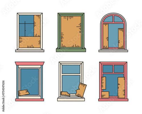 Collection of six old and damaged windows and doors illustration