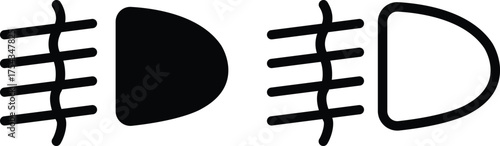 Light indicator dashboard icon set flat, outline styles with automotive car symbols, headlight beam signs, fog light, automatic lamp, dashboard interface vectors illustration black silhouette designs.