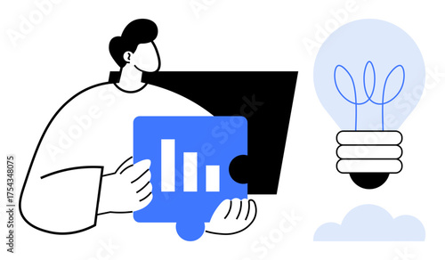 Person grasping blue puzzle piece with bar graph near a lit bulb. Ideal for innovation, problem-solving, creativity, teamwork, data analysis, business strategy, collaboration in simple flat metaphor