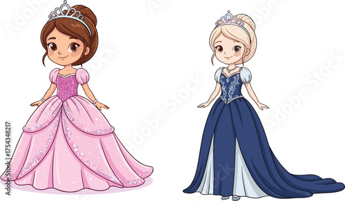 Cartoon princess characters in elegant gowns, fairy tale theme, sparkling dresses, tiara detail, colorful costume design, magical moment, children’s story illustration