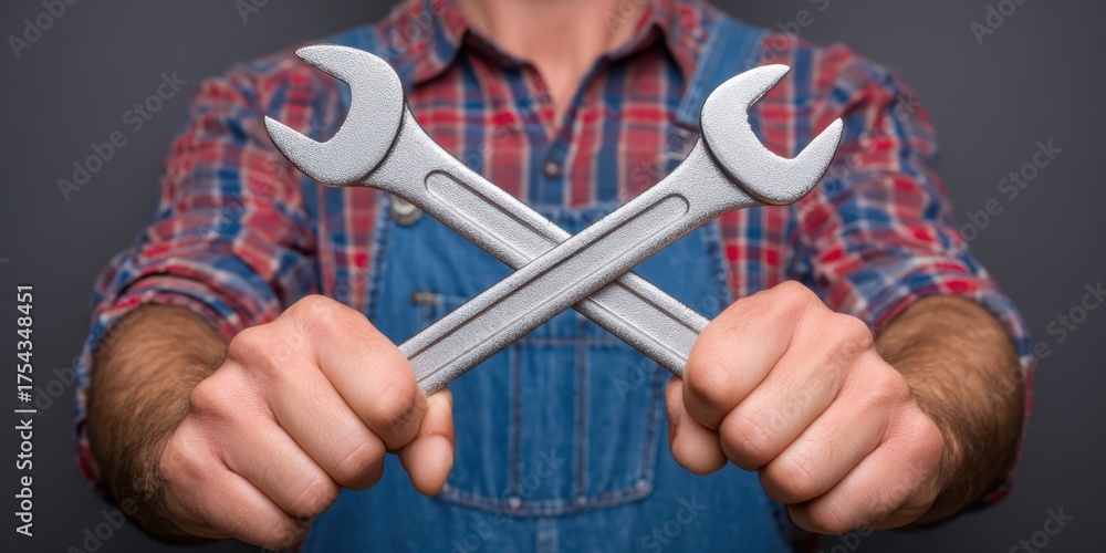 Fototapeta premium Mechanic holding two crossed wrenches, a symbol of repair and maintenance