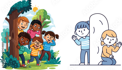 Children playing hide and seek, outdoor and indoor settings, vector illustration showing playful activity, childhood fun, group interaction, and cartoon styles