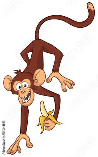 Cartoon funny monkey chimpanzee hanging  on tail on the tree with banana in his hand. Vector illustration isolated on white