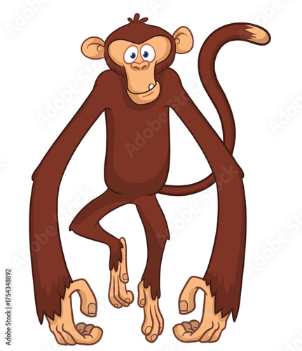Cartoon funny monkey chimpanzee with cute face expresion. Vector illustration isolated on white
