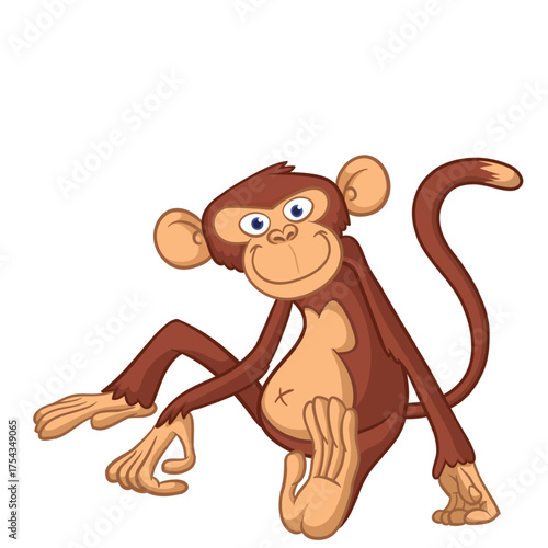 Cartoon funny monkey chimpanzee with cute face expresion. Vector illustration isolated on white