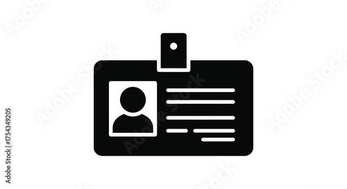 Black silhouette of an identification badge with a photo and text fields for personal information silhouette