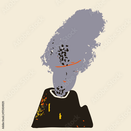 Erupting Volcano. Volcano eruption, smoke, ash, lava, magma splash. Abstract cartoon trendy style. Hand drawn modern Vector illustration. Isolated design element. Seismic activity, geology concept