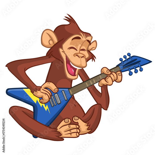 Cartoon funny monkey chimpanzee playing electric guitar and sitting. Vector illustration isolated on white