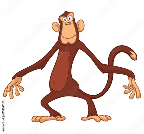 Cartoon funny monkey chimpanzee with cute face expresion. Vector illustration isolated on white