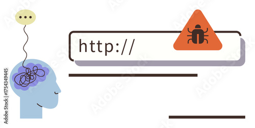 Human head with tangled brain lines representing confusion, speech bubble, browser search bar alerting malware. Ideal for cybersecurity, online safety, risk, technology, thinking challenges, anxiety