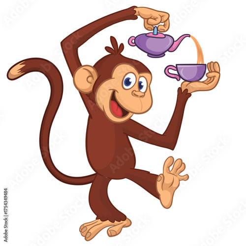 Cartoon funny monkey chimpanzee pouring tea in tea cup. Vector illustration isolated on white