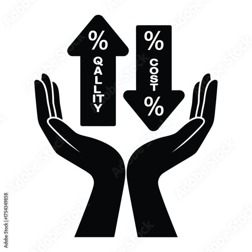 Hands holding up quality and down cost arrows with percentage signs