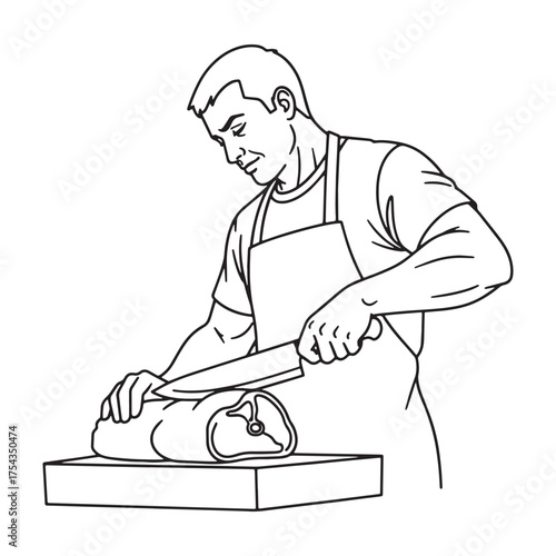 Skilled Butcher Line Art – Butcher Vector Outline Drawing with Refined Traditional Details – Butcher Drawing – Vector of Butcher – Butcher Sketch