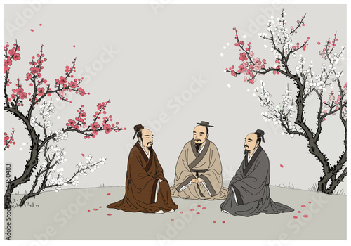 Three men in traditional attire seated on the ground surrounded by blossoming trees in a serene landscape viewed from a slight elevation