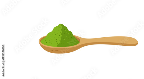 Spoonful of vibrant green matcha powder illustration.