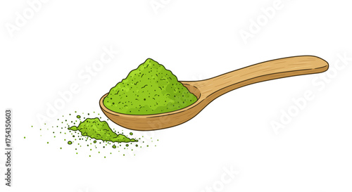 Matcha Powder in Wooden Spoon Illustration.