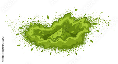 Vibrant Green Matcha Powder Explosion with Tea Leaves Illustration.