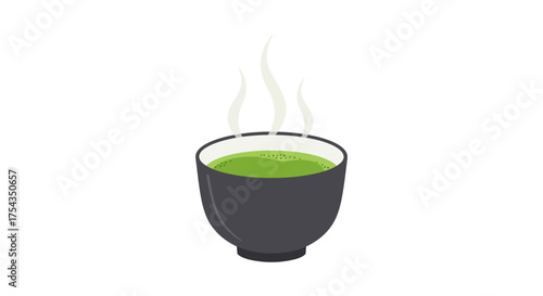 Steaming Matcha Tea in a Dark Ceramic Bowl.