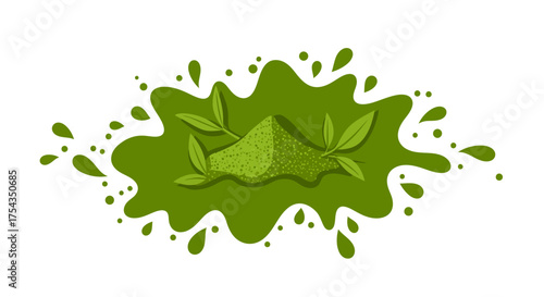Matcha Powder Splash with Green Tea Leaves Illustration.