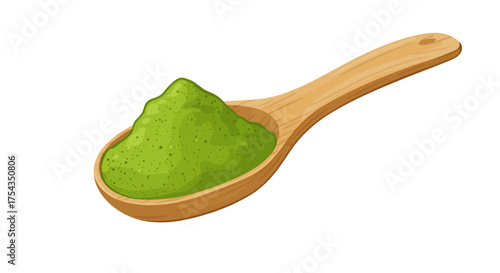 Wooden Spoon Filled with Vibrant Green Matcha Powder Culinary Ingredient.