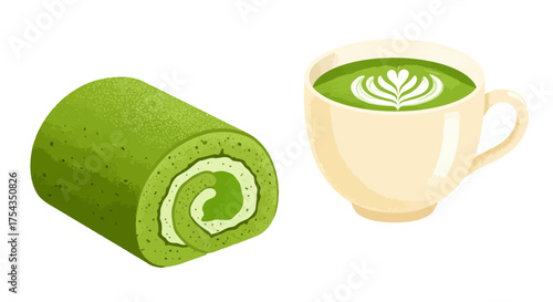 Matcha Swiss Roll Cake and Latte Art Drink Illustration.