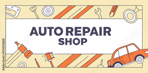 Auto repair shop banner with orange car and mechanic tools illustration