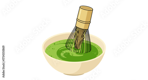 Matcha Tea Preparation with Bamboo Whisk in Bowl.