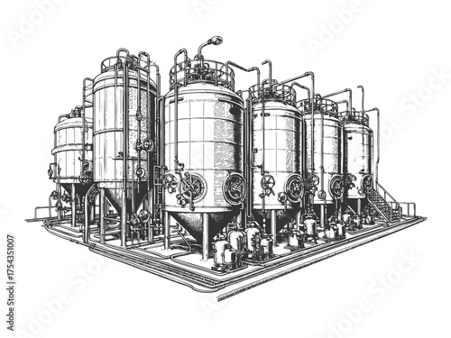 industrial distillation plant with tanks, pipes, and gauges, depicting a complex chemical or brewing process sketch engraving generative ai vector illustration. Scratch board. Black and white image.