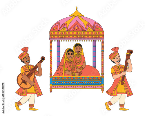 Indian wedding ceremony with musicians and bride and groom