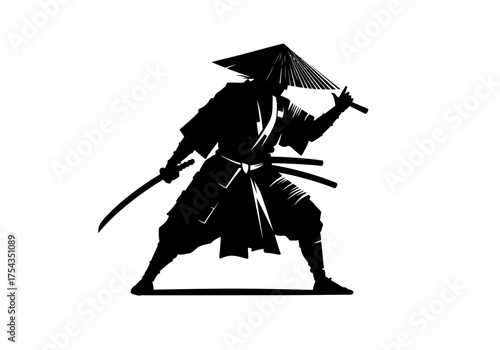 A silhouette of a samurai holding a sword and umbrella standing in a defensive stance