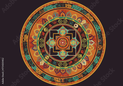 Intricate mandala design with concentric circles and ornate patterns on a dark background viewed from directly above