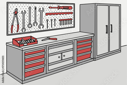 Workshop tools organized on wall mounted pegboard