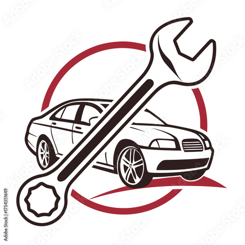 Automotive service and repair logo with a wrench and car silhouette