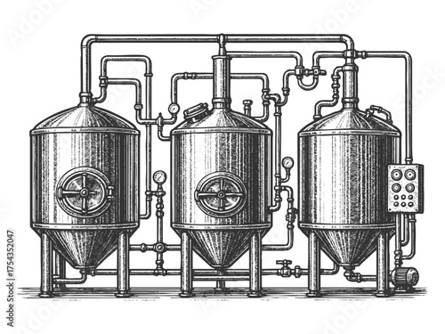 brewery tanks and pipes, depicting traditional beer brewing equipment with detailed industrial craftsmanship sketch engraving generative ai vector illustration. Scratch board. Black and white image.