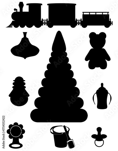 baby toys and accessories cartoon stock black silhouette vector illustration isolated on white background