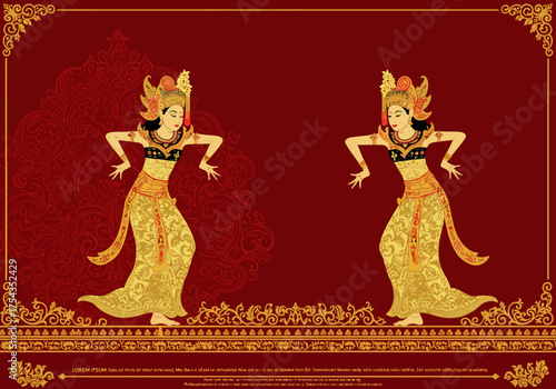 Two Balinese Dancers in Traditional Dress on Ornate Red Background.
