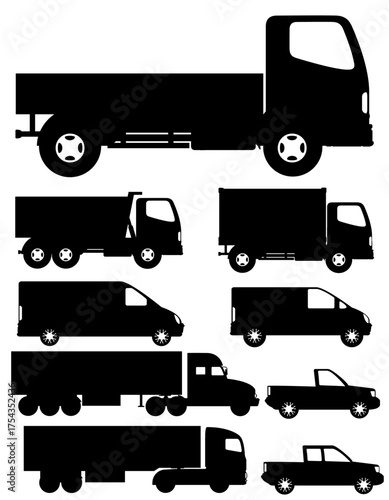 cars and truck for transportation cargo goods black silhouette vector illustration isolated on white background