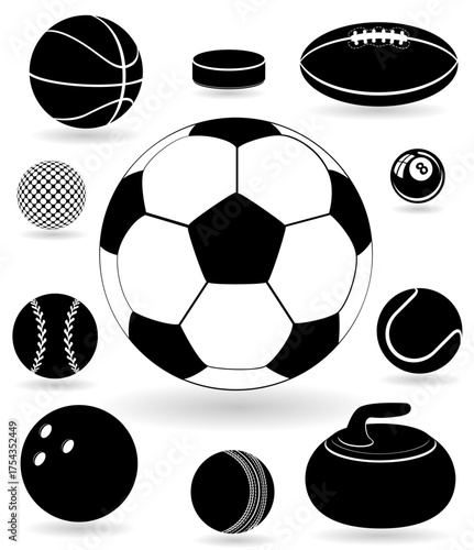 diverse sport balls black silhouette cartoon sock vector illustration isolated on white background
