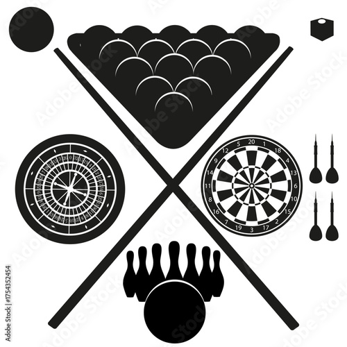 items games for activity leisure black silhouette cartoon stock vector illustration isolated on white background