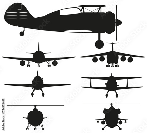 airplane and helicopter black silhouette cartoonstock vector illustration isolated on white background