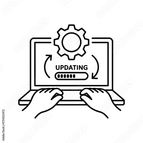 Laptop updating process with progress bar and gear icon