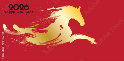 Golden horse illustration for 2026 chinese new year celebration on red background symbolizing strength and prosperity