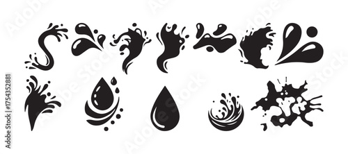 Black water drops vector illustration. black water splashes in various shapes, isolated on a white background, perfect for adding a splash. eps 10