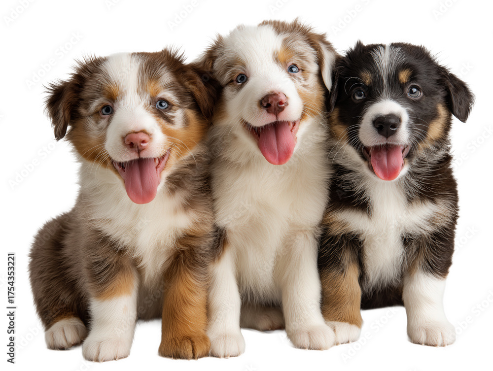 Obraz premium Three puppies isolated, group of puppies, little pet puppy, young puppy close-up, happy smiling pet dog, adorable puppy portrait, isolated on a transparent background, professional pet photography