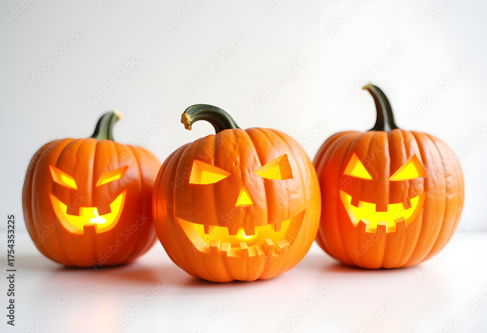 Fototapeta premium Three Glowing Jack-o'-Lanterns
