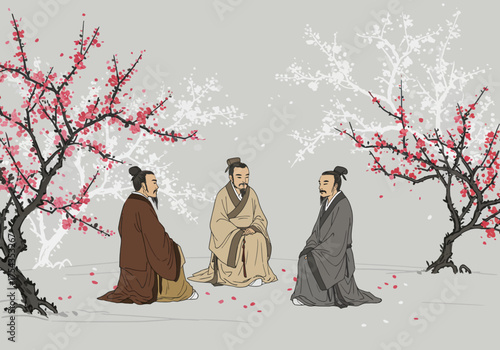 Three men in traditional attire sitting among blossoming trees in a serene landscape viewed from a slight elevation