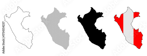 Stylized Peru Map Set with Minimalist, Textured, Silhouette, and Flag Themes