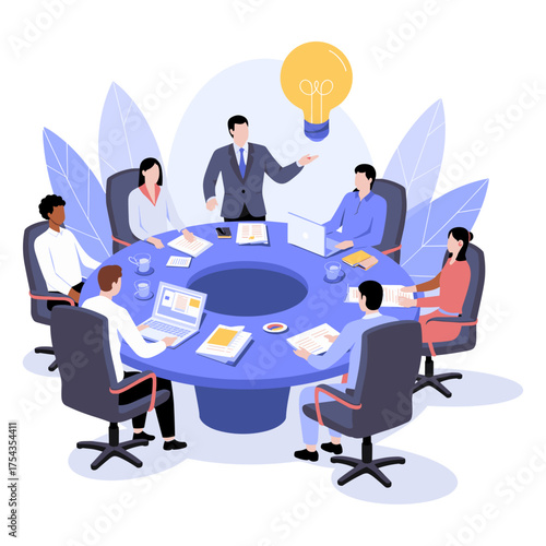 Business meeting brainstorming session with lightbulb idea above the conference table