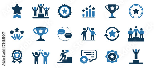 Collection of blue and white icons representing success achievement and winning with trophies stars and people