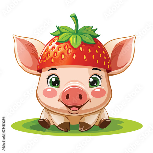 Piglet wearing strawberry fruit hat happily sits